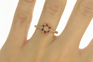 14K Diamond Natural Ruby Halo Flower Engagement Ring Yellow Gold