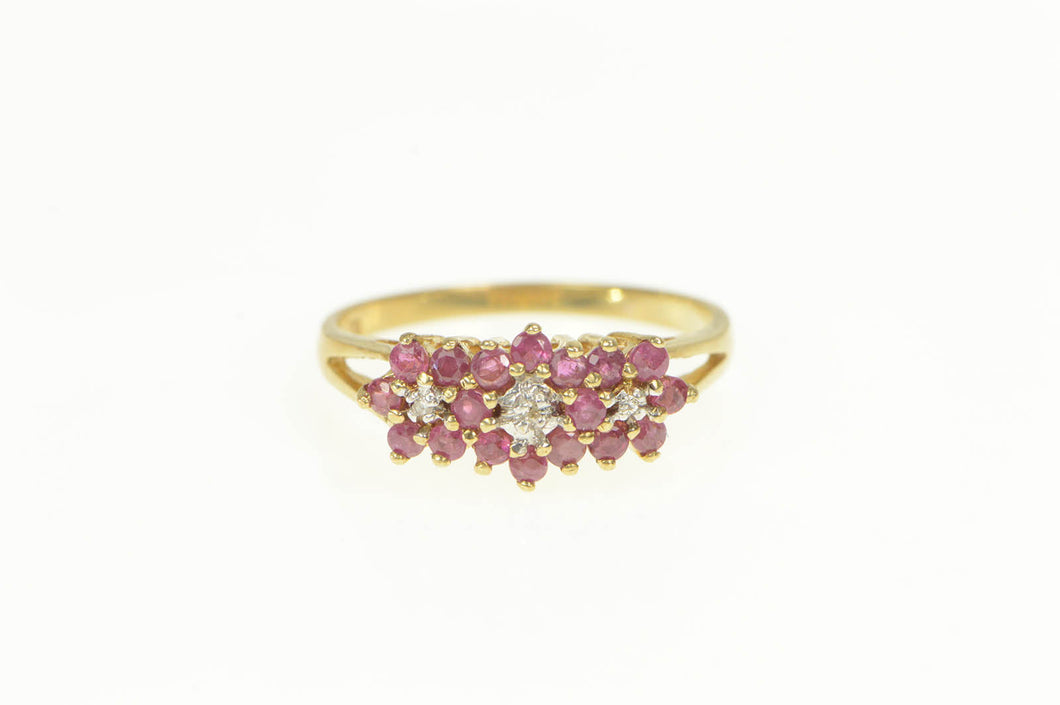 10K Diamond Ruby Flower Cluster Statement Ring Yellow Gold
