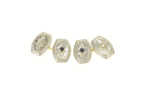 14K Art Deco Diamond Syn. Sapphire Floral Cuff Links Yellow Gold