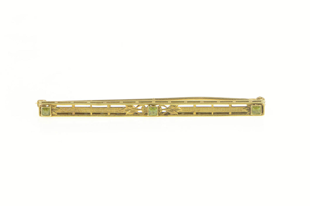 14K Art Deco Peridot Ornate Floral Engraved Bar Pin/Brooch Yellow Gold