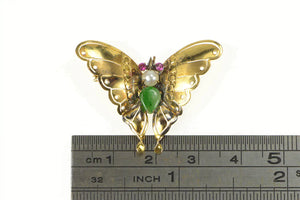 14K 1950's Jade Pearl Syn. Ruby Butterfly Statement Pin/Brooch Yellow Gold