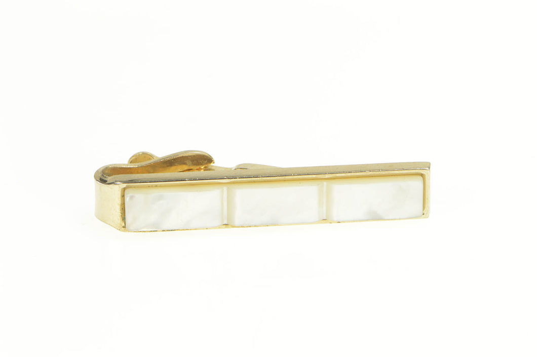 Gold Filled Carved Squared Mother of Pearl Retro Tie Bar
