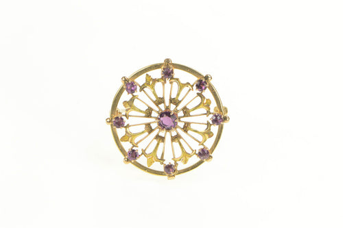 14K Victorian Amethyst Ornate Round Filigree Pin/Brooch Yellow Gold