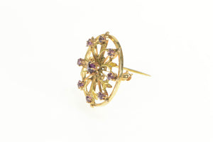 14K Victorian Amethyst Ornate Round Filigree Pin/Brooch Yellow Gold