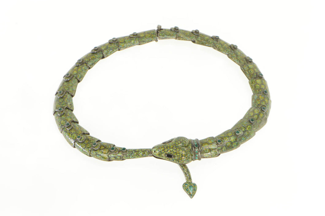 Sterling Silver Elaborate Enamel Snake Serpent Wrap Taxco Necklace 15.25