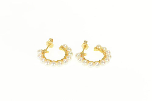 14K Retro Pearl Studded Semi 3/4 Hoop Fashion Earrings Yellow Gold