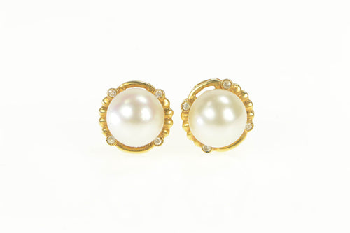 14K Pearl Diamond Accent Classic Stud Earrings Yellow Gold