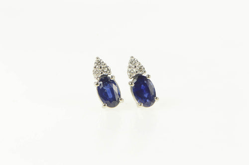 14K Oval Natural Sapphire Diamond Cluster Stud Earrings White Gold