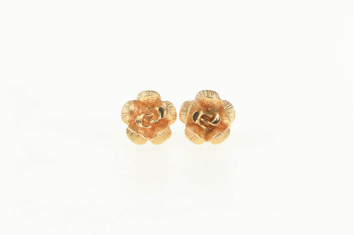 10K 3D Rose Textured Flower Ornate Stud Earrings Yellow Gold