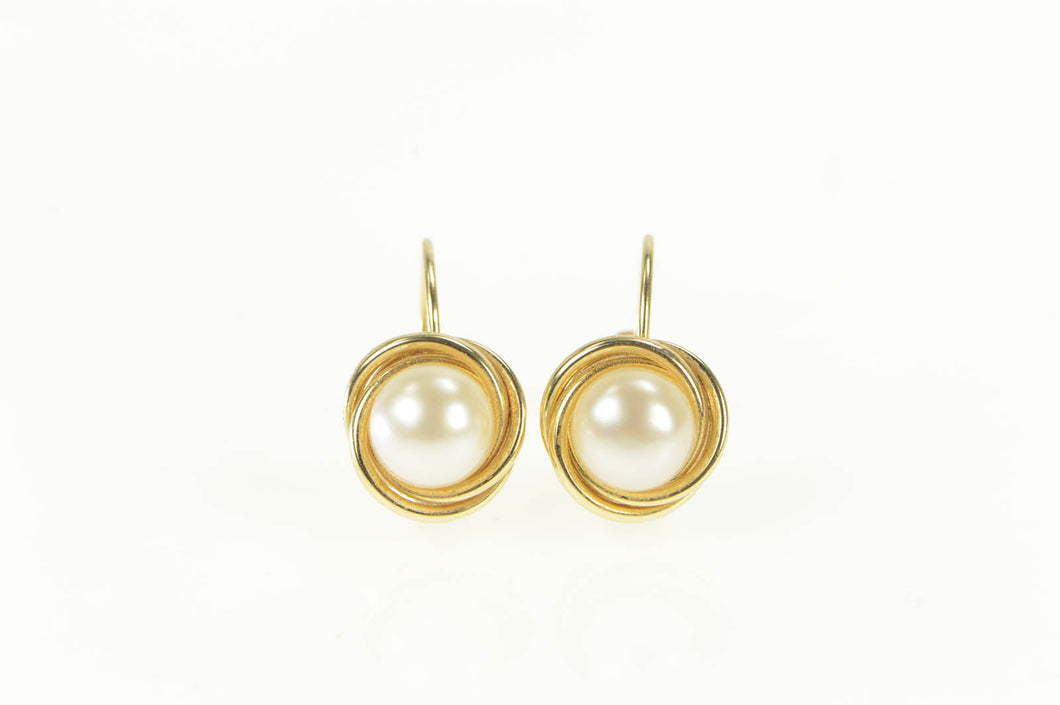 14K Pearl Inset Twist Trim Lever Back Drop Earrings Yellow Gold