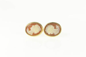 14K Retro Ornate Carved Shell Cameo Stud Earrings Yellow Gold