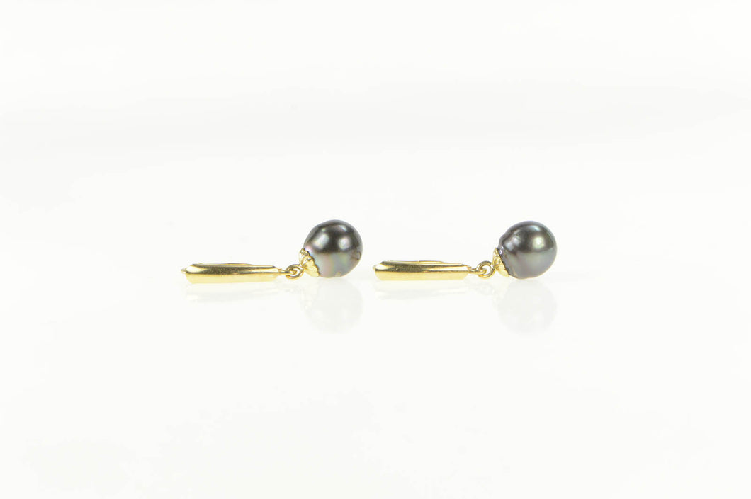 14K Black Pearl Dangle Ornate Lever Back Earrings Yellow Gold