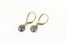 Load image into Gallery viewer, 14K Black Pearl Dangle Ornate Lever Back Earrings Yellow Gold