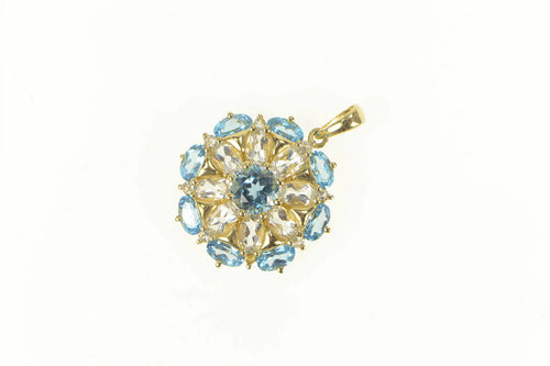 14K Blue Topaz CZ Diamond Accent Round Cluster Pendant Yellow Gold
