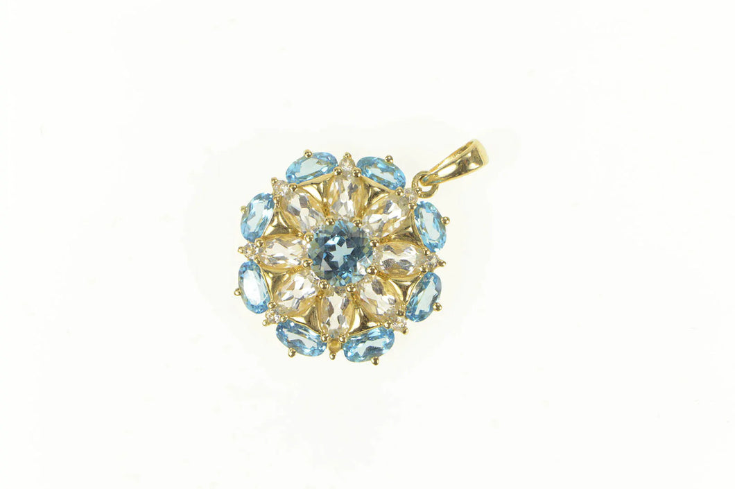 14K Blue Topaz CZ Diamond Accent Round Cluster Pendant Yellow Gold