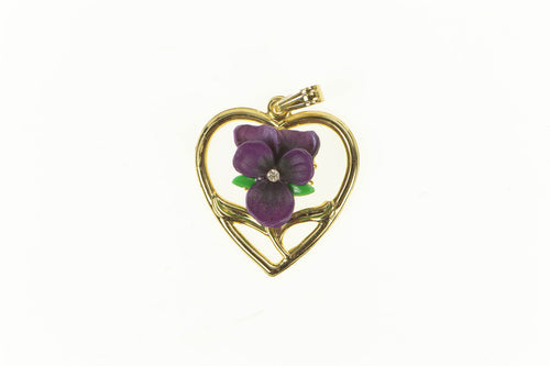 Gold Plated Iris Flower Ceramic Rhinestone Heart Retro Pendant