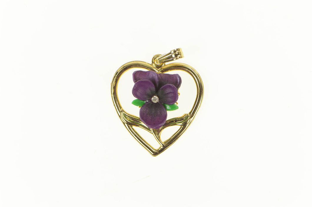 Gold Plated Iris Flower Ceramic Rhinestone Heart Retro Pendant