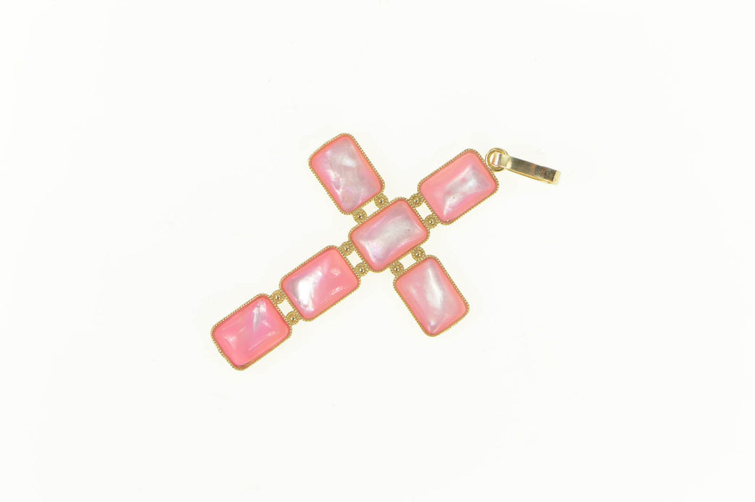 14K Pink Mother of Pearl Inset Cross Christian Pendant Yellow Gold