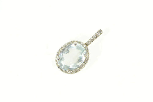 14K Oval Blue Topaz Diamond Halo Statement Pendant White Gold