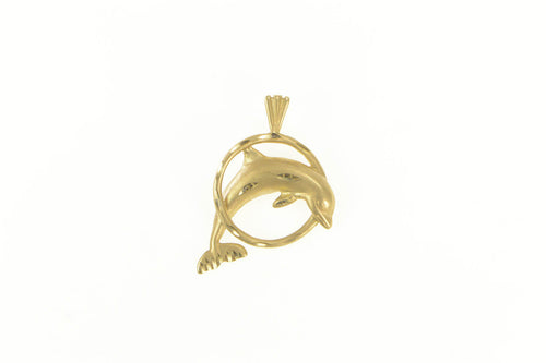 14K Diamond Cut Dolphin Jumping Through Hoop Pendant Yellow Gold