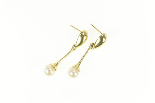 14K Pearl Dangle Drop Curvy Statement Earrings Yellow Gold