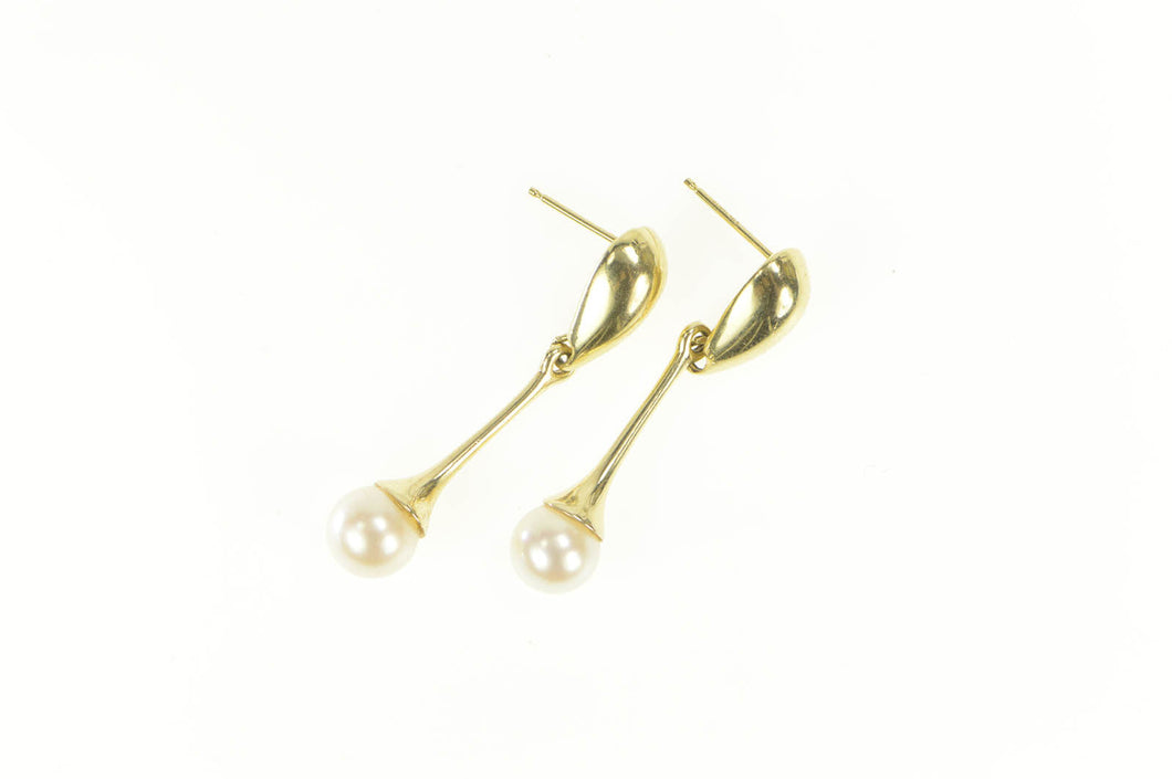 14K Pearl Dangle Drop Curvy Statement Earrings Yellow Gold