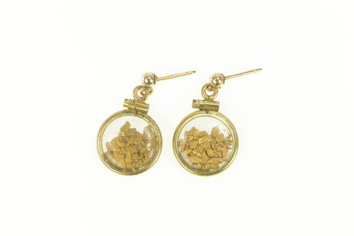 14K Round 24k Gold Nugget Capsule Dangle Earrings Yellow Gold