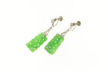 Load image into Gallery viewer, Platinum Carved Floral Jade Diamond Dangle Screw Back Earrings