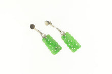 Load image into Gallery viewer, Platinum Carved Floral Jade Diamond Dangle Screw Back Earrings