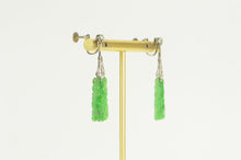 Load image into Gallery viewer, Platinum Carved Floral Jade Diamond Dangle Screw Back Earrings