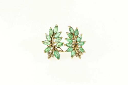 14K Marquise Emerald Diamond Wavy Cluster Earrings Yellow Gold