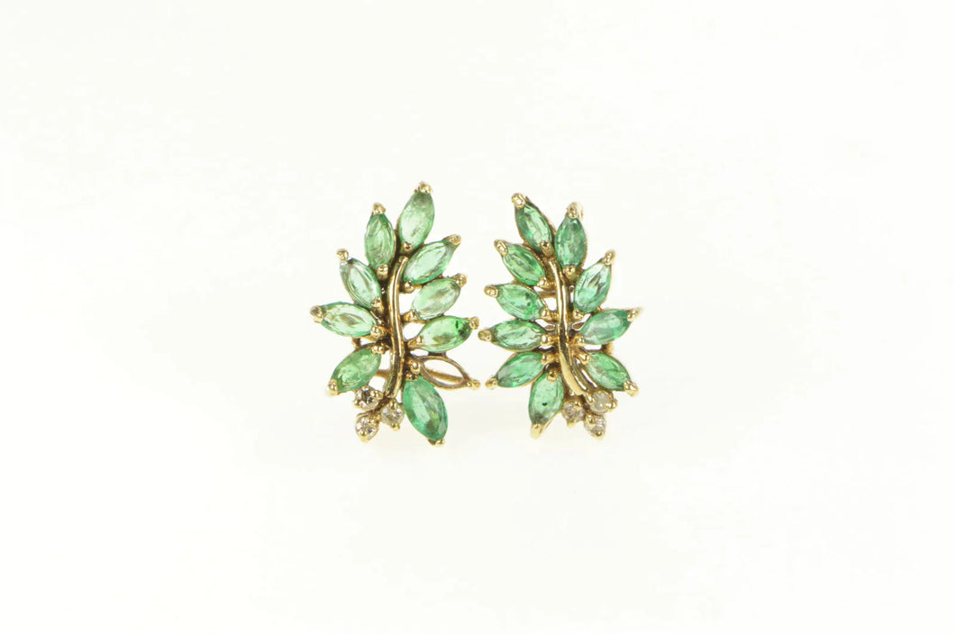14K Marquise Emerald Diamond Wavy Cluster Earrings Yellow Gold