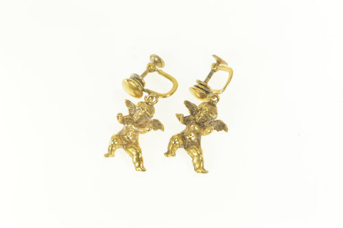 Gold Filled 3D Cherub Guardian Angel Screw Back Dangle Earrings