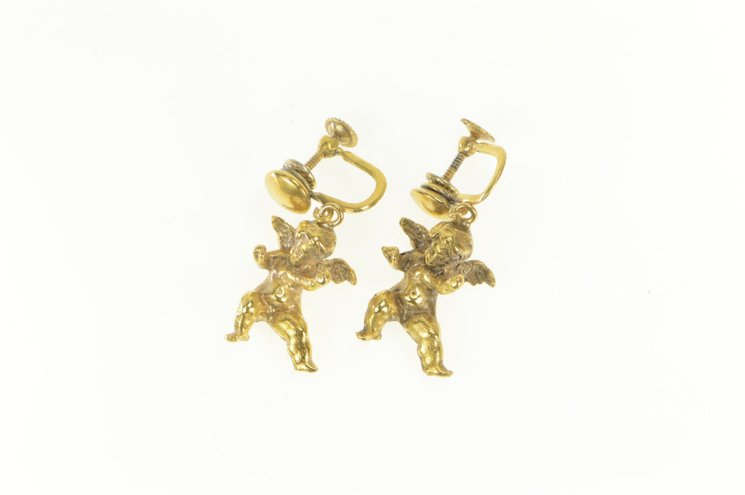 Gold Filled 3D Cherub Guardian Angel Screw Back Dangle Earrings