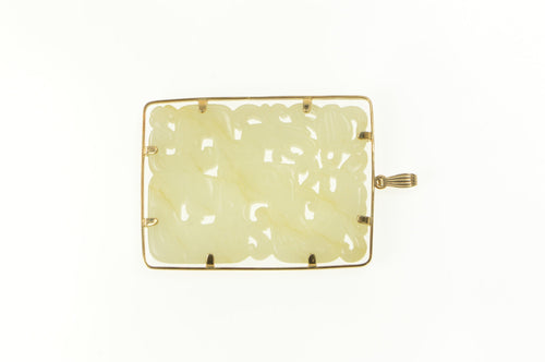 14K Huge Carved Jade Dragon Ornate Chinese Medallion Pendant Yellow Gold