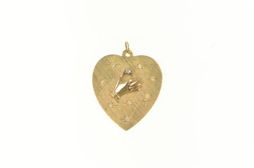 14K 1950's Diamond Hand Heart Give You The Stars Charm/Pendant Yellow Gold