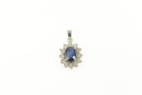 10K Natural Sapphire Diamond Halo Classic Pendant White Gold