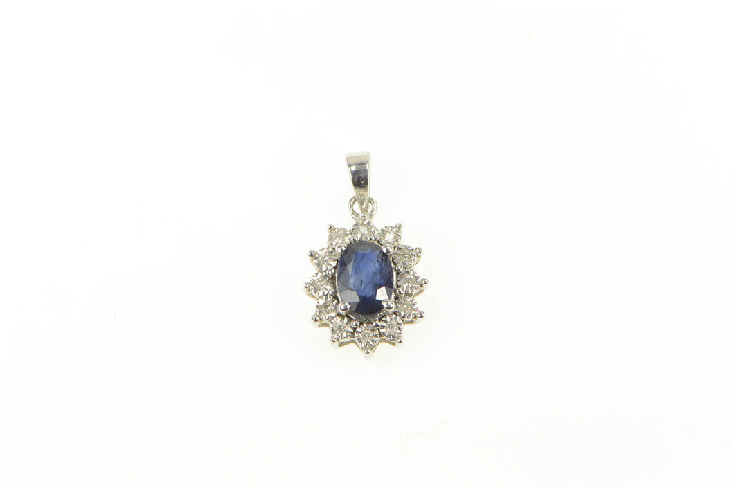 10K Natural Sapphire Diamond Halo Classic Pendant White Gold