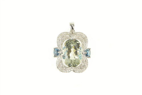 14K Green Amethyst Topaz Diamond Elaborate Statement Pendant White Gold