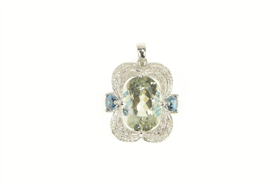 14K Green Amethyst Topaz Diamond Elaborate Statement Pendant White Gold