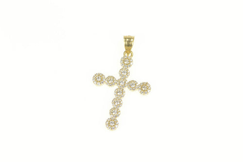 10K Pave White Sapphire Encrusted Cross Christian Pendant Yellow Gold
