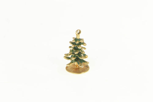 14K 3D Enamel Pine Tree Nature Motif Charm/Pendant Yellow Gold