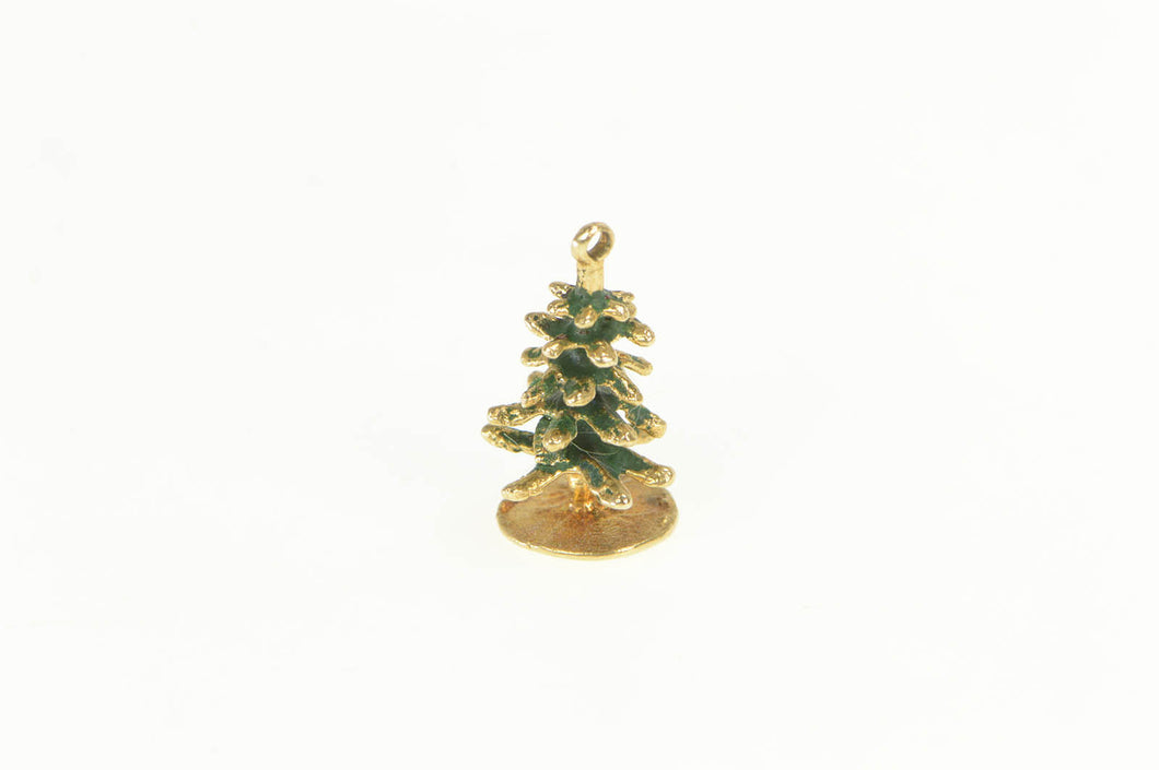 14K 3D Enamel Pine Tree Nature Motif Charm/Pendant Yellow Gold
