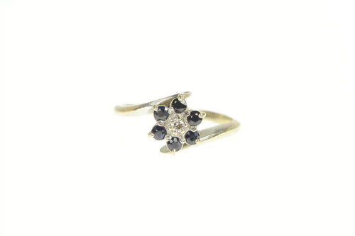 10K Diamond Sapphire Halo Flower Cluster Bypass Ring White Gold