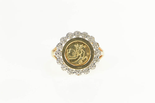 10K Diamond Halo Chinese Panda Tribute Coin Ring Yellow Gold