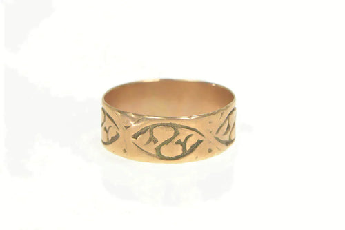 10K 7.6mm Victorian Floral Rose Pattern Band Ring Yellow Gold