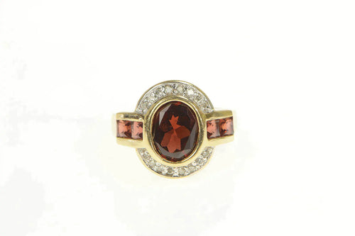 14K Oval Garnet Diamond Halo Princess Statement Ring Yellow Gold
