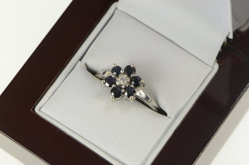 10K Diamond Sapphire Halo Flower Cluster Ring White Gold