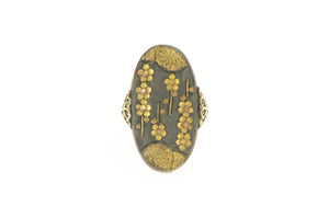 14K Ornate Bronze Floral Scene Oval Statement Ring Yellow Gold