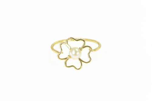 14K Pearl Clover Shamrock Good Luck Lucky Ring Yellow Gold